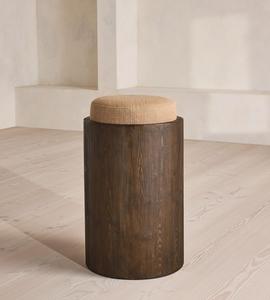 Tabouret de bar vintage en bois teinté foncé, assise en lin, repose-pieds en laiton antique, pour îlot de cuisine - Product Image 2