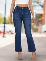 Jean cargo taille haute évasé en denim délavé et déchiré pour femme, grande taille, été 2026, avec double bouton et poches latérales