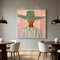 Décoration d'intérieur : Tableau encadré fait main, peinture à l'huile sur toile, motif abstrait texturé, portrait de cowboy occidental avec chapeau à large bord vert, art mural