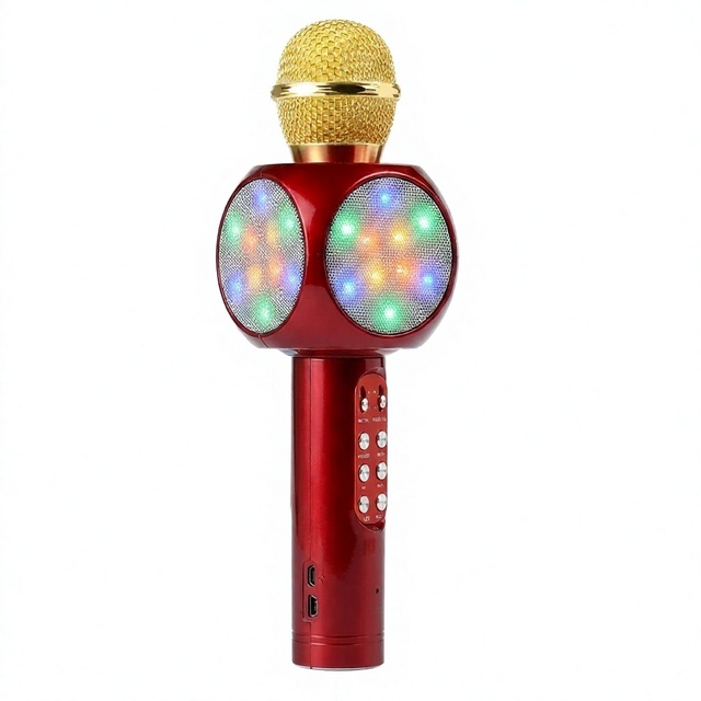 Wireless Bamboo Karaoke Microphone Handheld Singing Mic with LED Light Speaker Battery Operated for Party Home Use