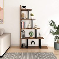 Étagère d'angle en L à 5 niveaux en panneaux de bois, design moderne et antique, meuble de rangement autoportant pour bureau à domicile et salon