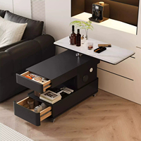 Table d'appoint de canapé moderne et intelligente avec roulettes, 2 tiroirs, station de charge, bureau pour ordinateur portable, plateau en verre noir pour appartement et salle à manger