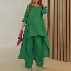 Women Two Pieces <b>Set</b> Cotton And <b>Linen</b> Loose Irregular Long Tops + Long Pants Casual Suits 2 Piece <b>Set</b> - Product Image 4