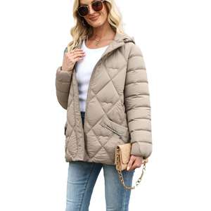 Damen Gesteppte Winterjacke mit Kapuze, Diamant-Steppmuster Polyester Isolierte Kurze Jacke mit Stehkragen und Reißverschluss Vorne - Product Image 2