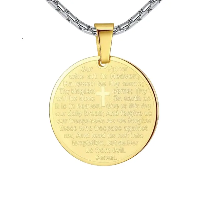 Edelstahl Lord's Prayer und Cross Medaillon Anhänger Halskette, GoldTone