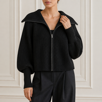 Cardigan zippé côtelé personnalisé pour femme, col châle noir, manches longues, garniture métallique, vente en gros d'usine OEM ODM, hiver