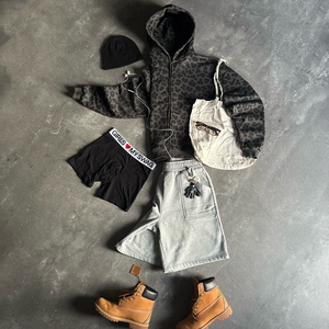 美国免税定制豹纹连帽衫制造商Y2k重量级时尚超大拉链街装连帽衫 - Product Image 2