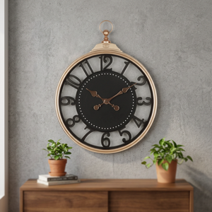 Horloge murale vintage industrielle à cadran ouvert avec cadre doré et chiffres romains - Product Image 2