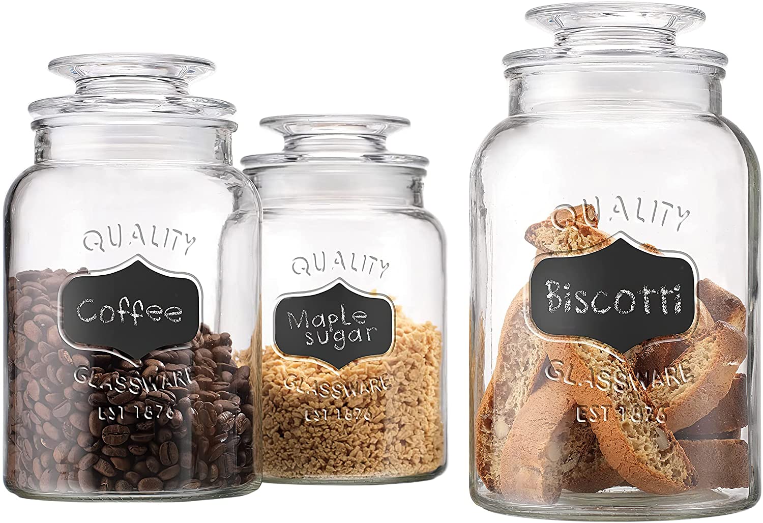 Glass Canister Set for Kitchen or Bathroom Apothecary Glass Food Storage Jars with Airtight Lid and Chalkboard Labels