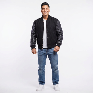 Veste universitaire noire avec manches en simili cuir pour hommes, boutons-pression personnalisés, style bomber universitaire, mélange de laine, vêtements d'extérieur - Product Image 1