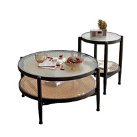 Nouvelle conception nordique moderne, meubles de salon, table basse ronde en verre avec cadre en bois massif et rotin
