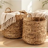 Ensemble de paniers de rangement ronds en jacinthe d'eau tressée à la main, panier à linge en osier avec poignées intégrées pour organiser les couvertures, les jouets et les vêtements