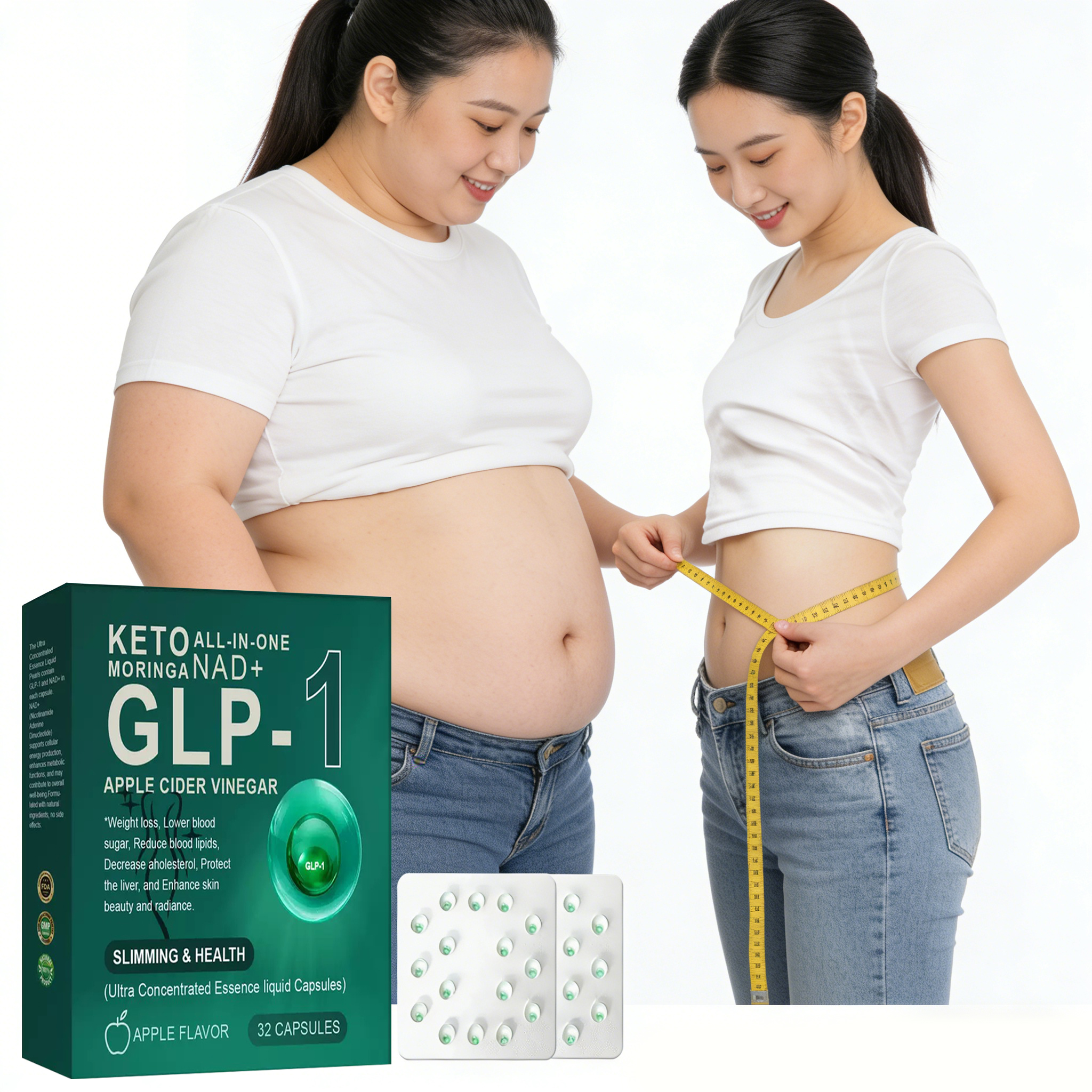 GLP-1 Moringa NAD+ Apple Cider Vinegar Slimming Capsules, Apple Flavor 32ct