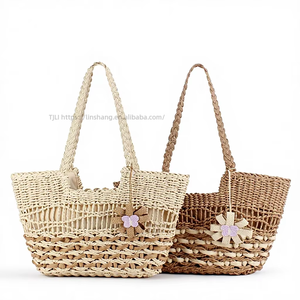 New Bohemian Woven PU Bag <b>Flowers</b> Zipper Two Beach Travel Paper Rope Business Large Capacity Fresh and <b>Sweet</b> Commuting Tanjing - Product Image 1