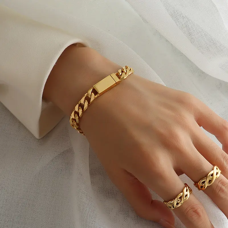 Fashion 18k Gold Plated Cuban Link Chain Bracelet Jewelry Wholesale Stainless Steel Bracelet