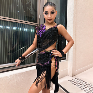 Robe <span class=keywords><strong>de</strong></span> compétition <span class=keywords><strong>de</strong></span> danse latine VENNY avec jupe à franges en diamant, robe professionnelle pour examen <span class=keywords><strong>artistique</strong></span>, sur mesure en spandex/coton - Product Image 1