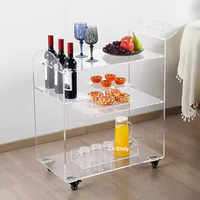 Arabie Saoudite Vente chaude Chariot de bar moderne à 3 niveaux en acrylique transparent Lucite pour salle à manger, hôtel, service de boissons, chariot à roulettes