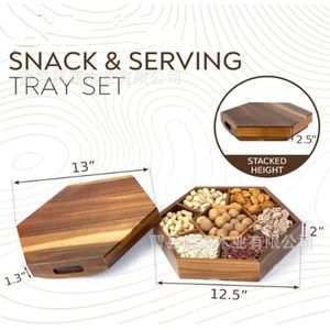 Caja vintage de madera de acacia para frutos secos con tapa, plato de madera para aperitivos, semillas de melón, dulces y frutos secos, plato de aperitivos con múltiples compartimentos. - Product Image 1