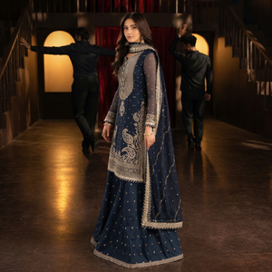 Salwar Kameez bleu marine élégant pour femmes, broderie dorée, tenue de mariage traditionnelle Inde Pakistan, réversible, pour les fashionistas - Product Image 1