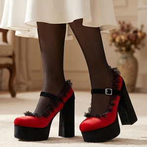 Big Size 47 Lace Rim Thick Platform Patchwork Pumps Chunky High Heels Round Toe Sandals Women Buckle Strap <strong>Red</strong> <strong>Suede</strong> <strong>Shoes</strong> - Product Image 6