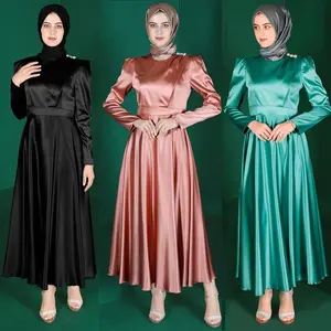 Designs casual elegant satin high waist ruffles round collar long sleeve solid color muslim evening dress