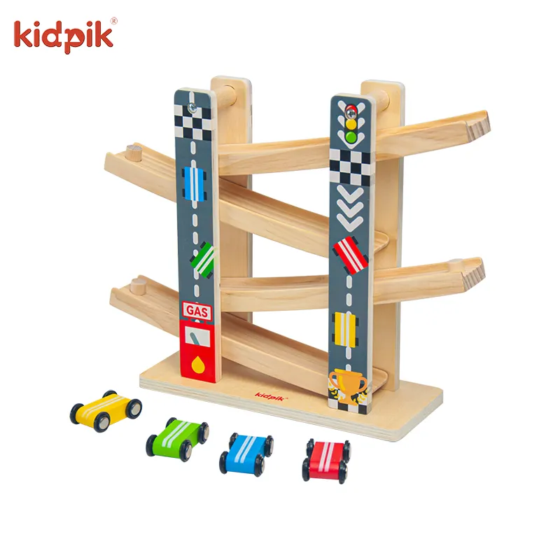 New Design Vehicle Wooden Early Learning Creative 4 Rail Slide Track Race Car Toy For Kids Toddlers