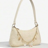 Sac à bandoulière vintage tendance en cuir et paille avec fermeture éclair, orné de perles de coquillage, petit format, haut de gamme, décontracté et polyvalent