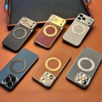 Étui de téléphone magnétique en similicuir premium avec béquille rotative à 360° et protection d'objectif de caméra à cadre électroplaqué pour iPhone 17 16