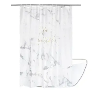 Marble Style Polyester Fabric Glitter Gold Dots And Letter Printed Shower Curtain