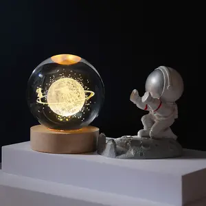 Hot Sale Wooden Bottom Galaxi Star Bedside Lights 3D Glass Crystal Ball LED Moon Lamp For Bedroom Kids Girlfriends Gifts