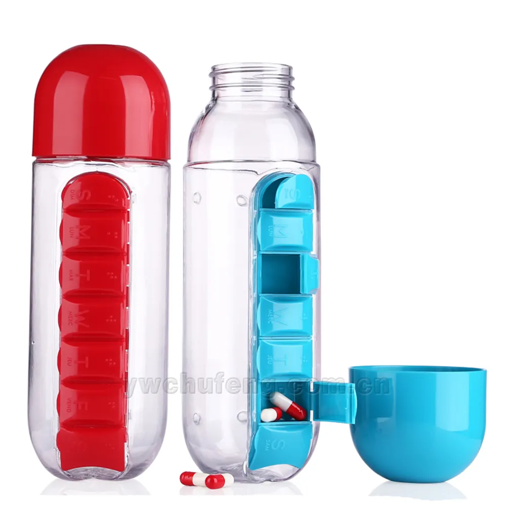 Botella de agua portátil de plástico de 650ml con caja para pastillas, gran capacidad, para viajes al aire libre