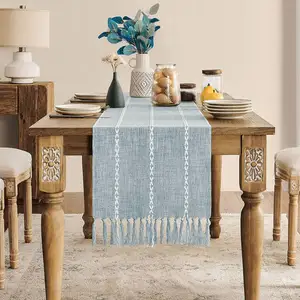 Skymoving Home Textiles New Custom Braided Dusty Blue Linen Table Runners With Hand-Woven Tassels For Dining Party Holiday