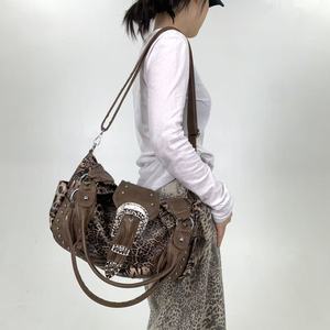 Street Spicy Girl Leopard Print <strong>Patchwork</strong> Tote <strong>Bag</strong> with Multiple Pockets and Rivets, Vintage Crossbody Handbag, Antique <strong>Bag</strong> - Product Image 5