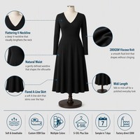 Robe en viscose tricotée opaque 280 GSM, grande taille, coupe trapèze, douce et élégante, col en V, manches longues, longueur midi, pour femme, avec logo personnalisé OEM
