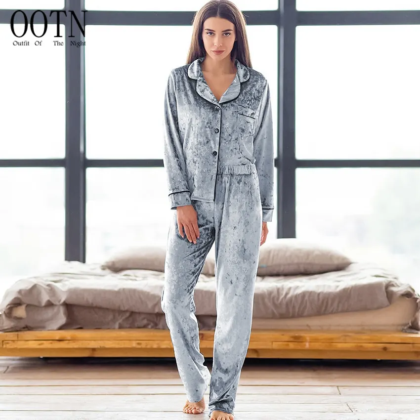 OOTN Nightwear Trouser Suits Winter Sets Womens Outfits Warm Pocket Velvet Sleepwear Turn Down Collar Velour Pajamas For Women