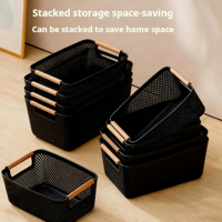 3 ensembles de paniers de rangement rectangulaires multi-usages écologiques avec poignées en plastique et en bois, style simple