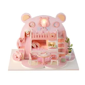 Kit de brinquedos casa de bonecas, diy, bonito, rosa, kit em miniatura, 3d, casa de madeira, brinquedos de construção para crianças, presente de aniversário, namorada