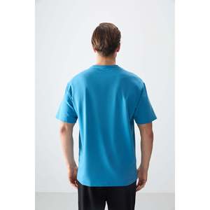 T-shirt pour homme en coton bleu pétrole, épais, doux, texturé, coupe ample, imprimé - 88373 - Bleu pétrole - Product Image 5