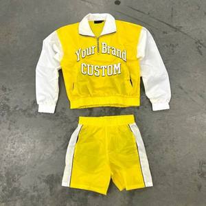 Custom High Quality Nylon <b>Retro</b> Color Block Quarter Zip Applique Mens Windbreaker Jacket Hoodie and Shorts <b>Tracksuit</b> Set - Product Image 1