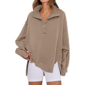 Sweat-shirt Henley oversize pour femme FOXA, manches longues, coupe décontractée, haut à ourlet asymétrique, collection automne 2025 - Product Image 1