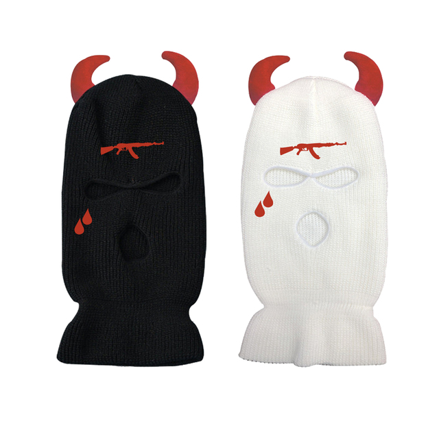 Three Hole Embroidery Knitted Ski Mask Acrylic Devil Horns Face Gini Custom Knitted Balaclava Full Face Ski Mask Wool Winter Hat