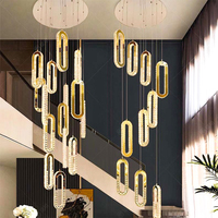 Lustre linéaire LED moderne à hauteur réglable pour escalier, suspension ovale en cristal doré pour villa à plafond haut