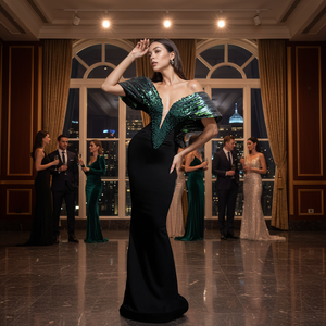 Dropshipping OEM Double Crazy Strapless Neck Gigot Sleeve Cut Drawstring Split Thigh Breathable Mesh Beaded Crystal Pearls Dress - Product Image 3