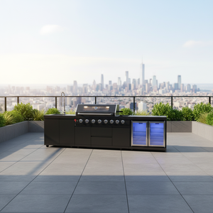 Table <span class=keywords><strong>de</strong></span> barbecue moderne en acier inoxydable avec évier intégré, armoire <span class=keywords><strong>de</strong></span> cuisine extérieure noire avec robinet <span class=keywords><strong>pour</strong></span> villa - Product Image 1