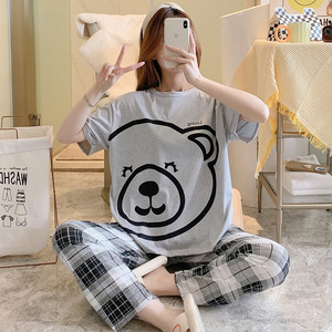 Set <span class=keywords><strong>Pigiama</strong></span> <span class=keywords><strong>Estivo</strong></span> da <span class=keywords><strong>Donna</strong></span> con Pantaloni e Maniche Corte, Abbigliamento da Casa Casual Ampio Due Pezzi con Stampa Cartoon, Morbido e Confortevole con Girocollo - Product Image 1