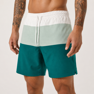 <b>Men</b> Color Block Printed Swim Shorts Quick Dry Drawstring Beach <b>Trunks</b> Mid Waist Knitted Polyester Short Length - Product Image 1