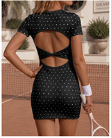 Robe de tennis pour femme à pois, manches courtes, dos croisé, découpes, soutien-gorge intégré, coussinets amovibles, séchage rapide, tenue de sport et d'entraînement