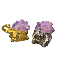 Vente en gros de grappes d'améthyste naturelle, sculptures en cristal d'éléphant, symbole de chance et de protection, ornement de bureau Feng Shui