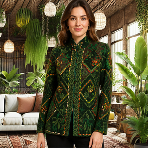 Colección de Diseñador, Abrigo Casual Corto con Cuello Mandarín y Estampado Paisley Bohemio, Manga Larga, Abrigo de Lana para Mujer, Invierno - Product Image 1