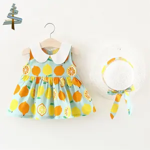 Robe d'été pour bébés filles de 0 à 48 mois, robe avec imprimé de fruits de citron, robe sans manches avec chapeau pour bébé, col de poupée